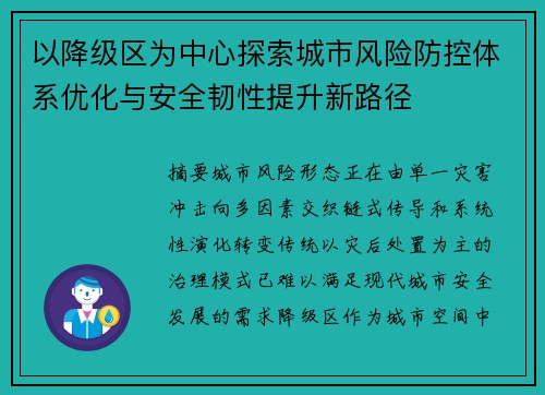 以降级区为中心探索城市风险防控体系优化与安全韧性提升新路径